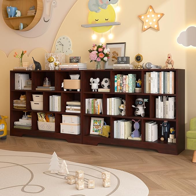 Book Shelf Set of 2, 10 Cubes Storage Organizer, 3-Tier Open Bookshelf Wooden Bookcase, Freestanding Cherry Bookshelf Cube Shelf for Living Room-Ruum Studio Home
