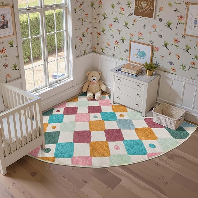 jinchan Kids Rug for Nursery 6ft Radius Corner Washable Area Rug Modern Colorful Quarter Circle Rug Soft Non-Slip Carpet for Bedroom Playroom Daycare Reading Nook Kitchen Classroom Confetti on Cream-Ruum Studio Home