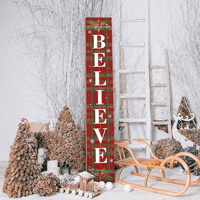 Winter Believe Porch Board Welcome Sign for Front Buffalo Plaid Door Porch Deck Patio or Wall - Indoor Outdoor Decorative Farmhouse Rustic Vertical Porch and Yard Decor - 47.2"H-Ruum Studio Home