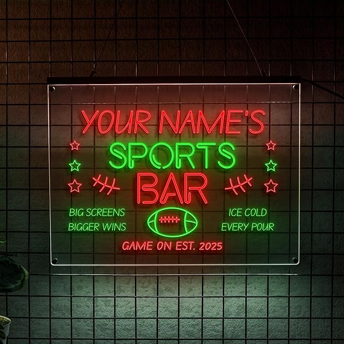 Personalized Sports Bar Neon Sign LED Wall Light Up Football Bar Decor for Home Pub Game Room Man Cave Big Screen Night Custom Name Sign Beer Lovers and Sports Fans-Ruum Studio Home