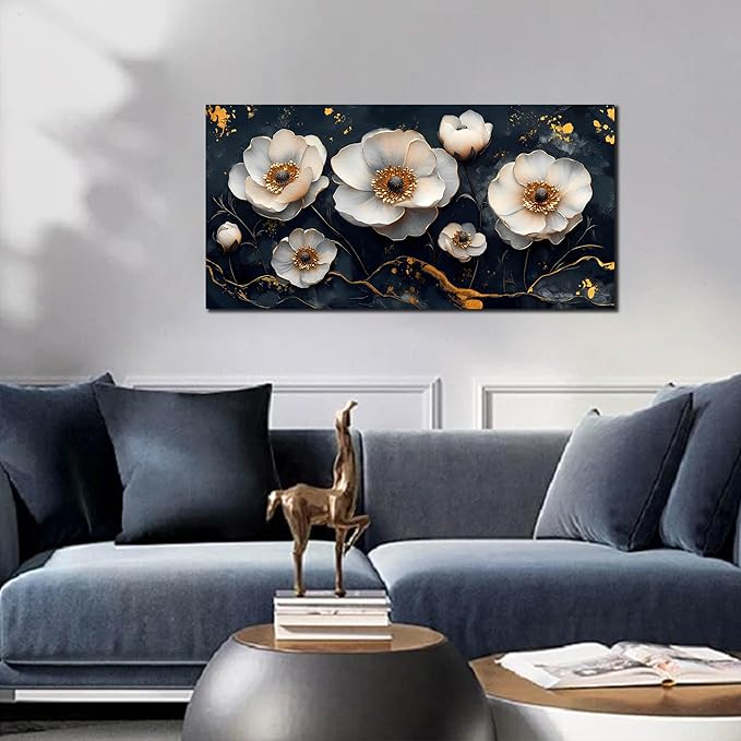 White Flower Wall Canvas Art for Bedroom - Black and White Wall Art for Living Room - Home Office Decor Wall Size 20" x 40"-Ruum Studio Home
