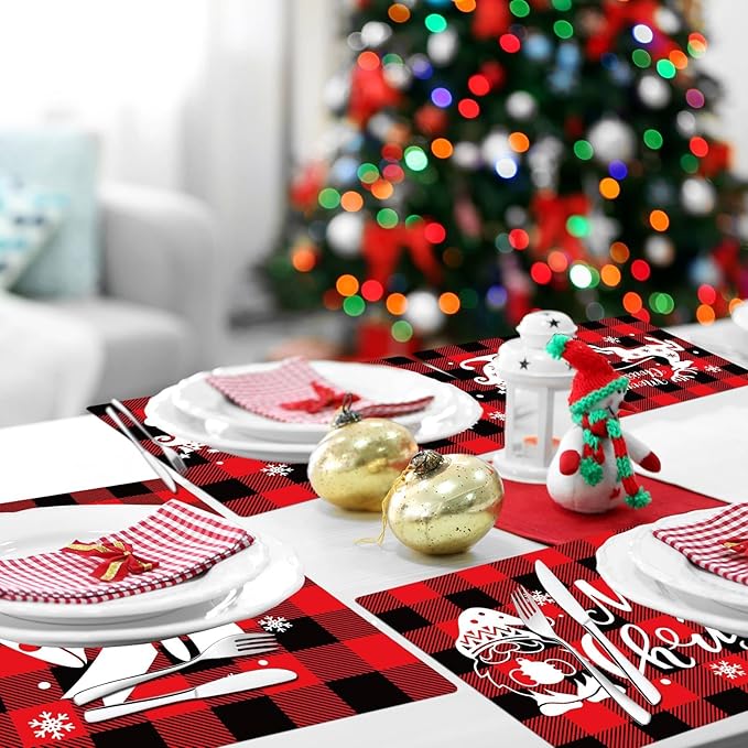 Christmas Placemats Set of 6 Red and Black Plaid Table Mats Plastic Xmas Recyclable Place Mats Washable Holiday Table Decoration for Indoor Outdoor Christmas Party Kitchen Dining-Ruum Studio Home