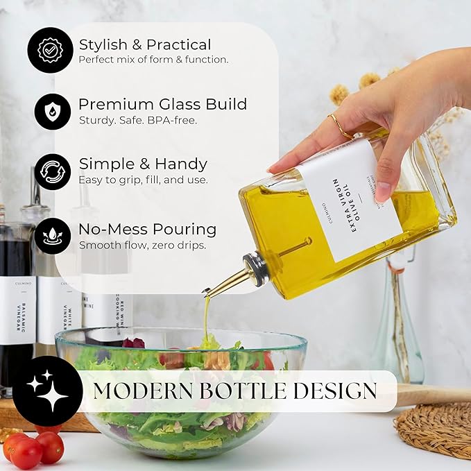 Premium Glass Olive Oil Dispenser Bottle 350ml | Cooking Oil and Vinegar Dispenser | Oil Dispenser for Kitchen with Gold Pourers, Funnel, Brush & 36 Labels (4 Pack)-Ruum Studio Home