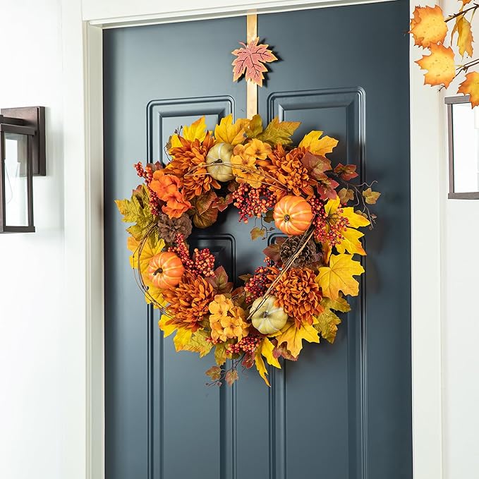 Glitzhome 24 inch Artificial Fall Wreath Decor, Autumn Maple Leaf Wreath for Front Door with Dahlia Pumpkin, Leaf and Berry Wreaths for Autumn Harvest Thanksgiving Halloween Decor-Ruum Studio Home