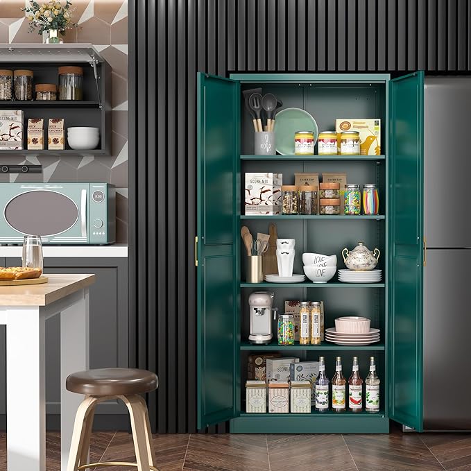 Kitchen Pantry Cabinet,71”Green Metal Pantry Storage Cabinets with Doors and 4 Adjustable Shelves,Kitchen Cabinet with 2 Gold Handles,Tall Cabinet for Livingroom, Bathroom-Ruum Studio Home