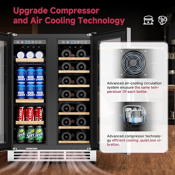 24" Wine and Beverage Refrigerator, Dual Zone Wine Cooler with Glass Door, Hold 88 Cans & 21 Bottles, Built in or Freestanding Under Counter Wine Fridge with Blue LED Light.-Ruum Studio Home