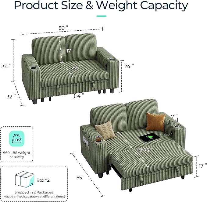 LINSY HOME Loveseat Sofa with Pull Out Couch Chaise: 2-in-1 Convertible 2 Seater Sofa with USB Charging & Cup Holders, Comfy Plush Corduroy Love Seat for Small Spaces Living Room Apartment, Green-Ruum Studio Home