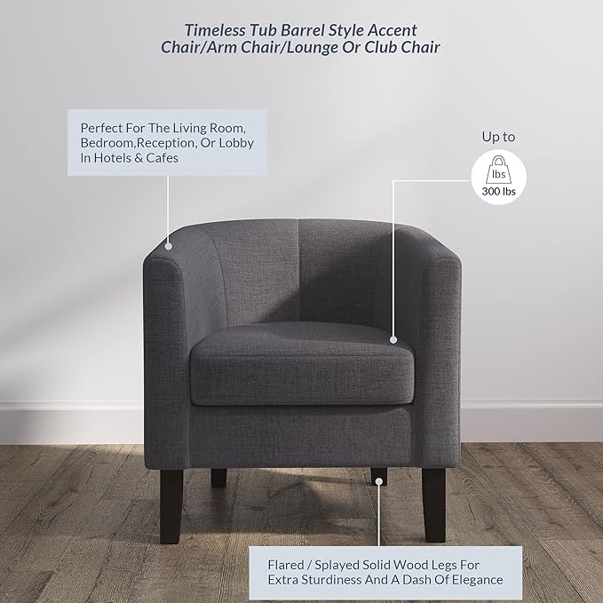 BELLEZE Living Room Chairs Set of 2, Linen Round Accent Barrel Chairs, Club Tub Sofa Chairs for Bedroom, Corner Chairs with Flared Legs and Cozy Soft Padding - Highland (Gray)-Ruum Studio Home