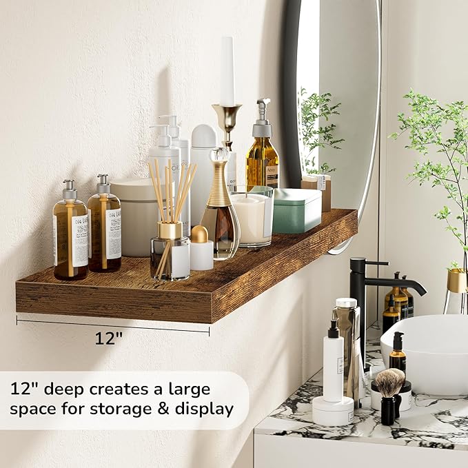Fun Memories Floating Shelves - 2 Pack 12 Inch Rustic Wooden Wall Shelves - Extra Deeper & Thicker Wall Mounted Storage Shelf for Living Room, Kitchen, Farmhouse - 36" W x 12" D x 1.8" H - Brown-Ruum Studio Home