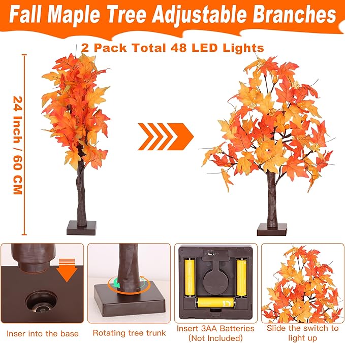 2 Pack 24 Inch Prelit Fall Maple Tree Fall Decor with 48 LEDs Timer Battery Operated Artificial Fall Light Up Tree Maple Acorn for Fall Thanksgiving Decorations Table Home Office Indoor Autumn Harvest-Ruum Studio Home