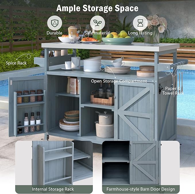 Outdoor Kitchen Island, Rolling Bar Cart & Storage Cabinet, Farmhouse Solid Wood Outdoor Grill Table with Stainless Steel Top, Spice Rack, Towel Rack for Kitchen & BBQ, Grey Blue-Ruum Studio Home