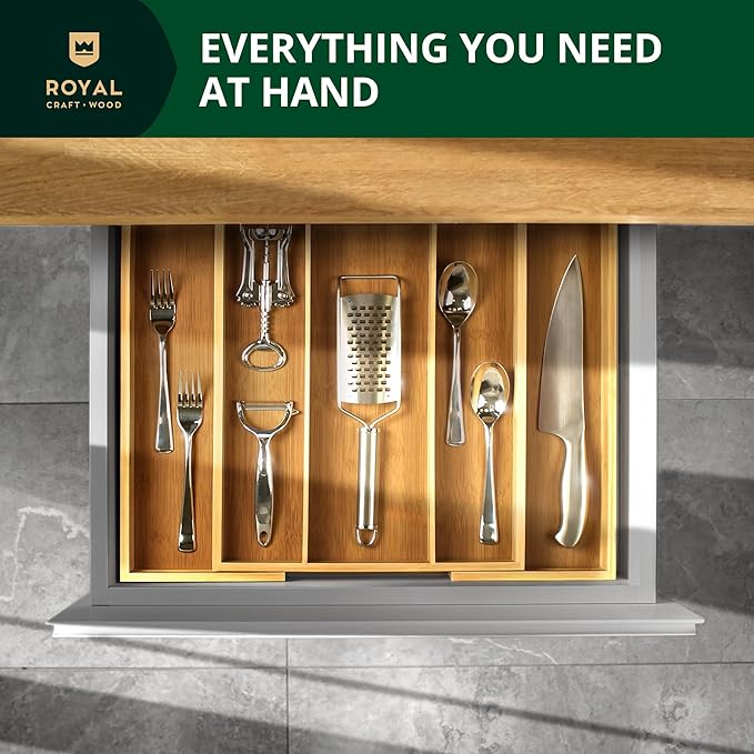 ROYAL CRAFT WOOD Luxury Bamboo Kitchen Drawer Organizer - Silverware Organizer - Utensil Holder and Cutlery Tray with Grooved Drawer Dividers for Flatware and Kitchen Utensils (5 Slot, Natural)-Ruum Studio Home