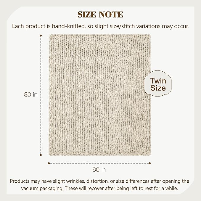 Carriediosa Chunky Knit Throw Blanket 60" X 80" Twin, 100% Hand Made Large Chenille Loop Yarn Soft Fluffy Throws for Couch Sofa Bed, Big Crochet Cozy Heavy Thick Cable Woven Blanket, Light Beige-Ruum Studio Home