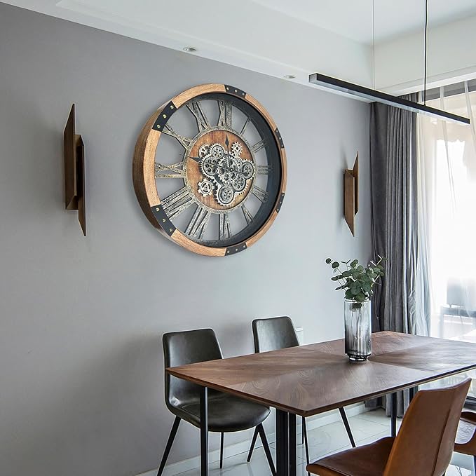 DORBOKER 24" Large Wall Clock with Moving Gears,Oversize Vintage Industrial Rustic Farmhouse Clocks for Living Room Decor Office Home,Solid Wood HD Tempered Glass Cover,Brown-Ruum Studio Home