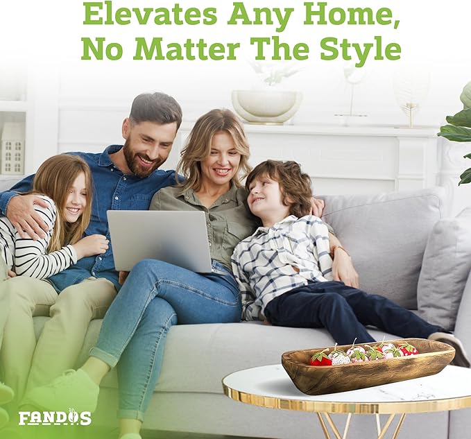 Wooden Dough Bowl for Decor - 17¾ in Long Hand Carved Paulownia, Large Rustic Decorative Bowl for Home Table Centerpiece, Keys, Entryway Table, Catchall Tray & Wooden Dining Room Centerpiece-Ruum Studio Home