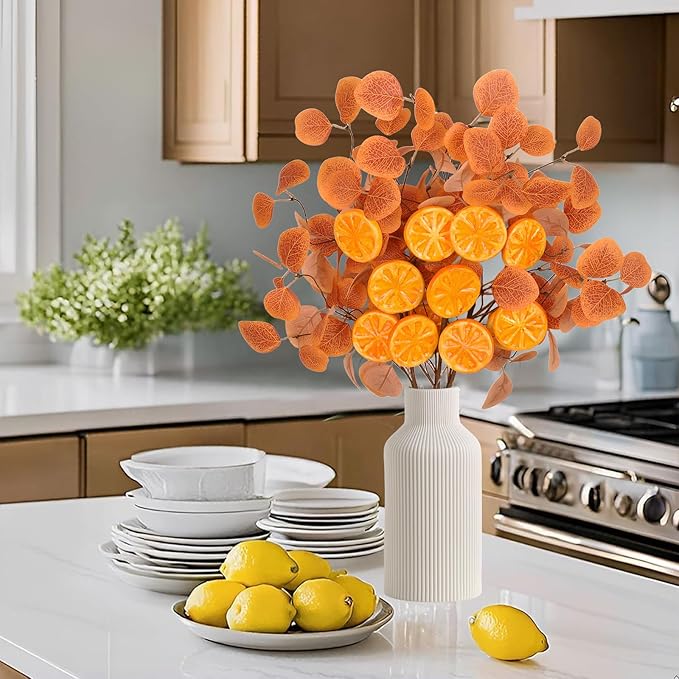 Eucalyptus Stems, 4PCS Artificial Lemon Stems Faux Citrus Branches Plastic Decor for Kitchen, Table Centerpieces, Entryway, Thanksgiving Wedding Party (Orange)-Ruum Studio Home