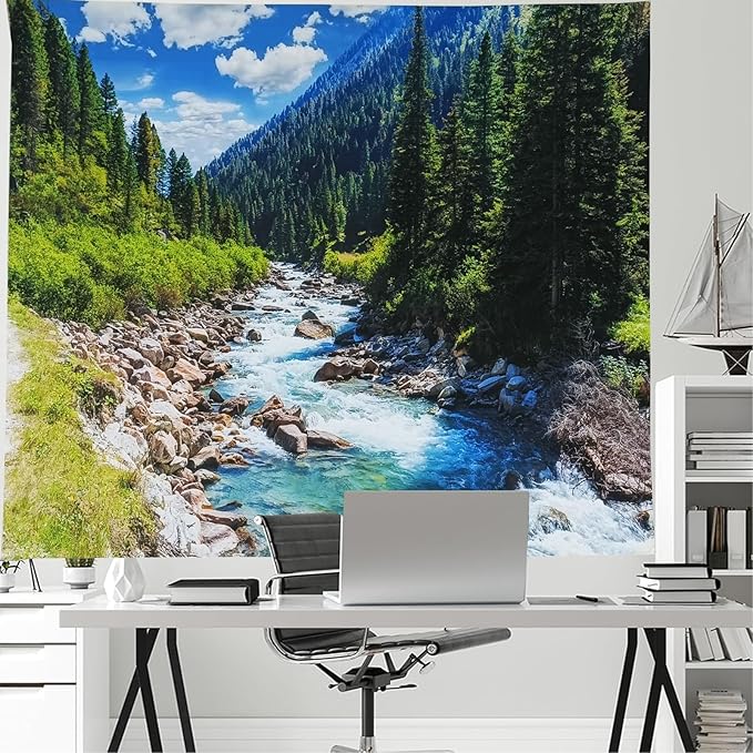 Nature Forest Mountain Tapestry Green Pine Tree Stream Tapestry White Clouds Flowing River Valley Landscape Scenery Tapestries Wall Hanging for Bedroom Dorm Living Room Office Classroom 80 x 60 Inch-Ruum Studio Home