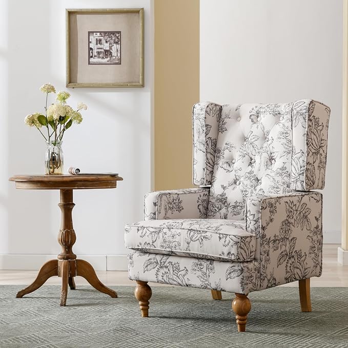 Mid-Century Accent Chair, Upholstered Arm Chair Linen Fabric Side Chair with High Back Solid Wooden Legs, Comfy Reading Chair for Living Room Bedroom, Floral Pattern-Ruum Studio Home
