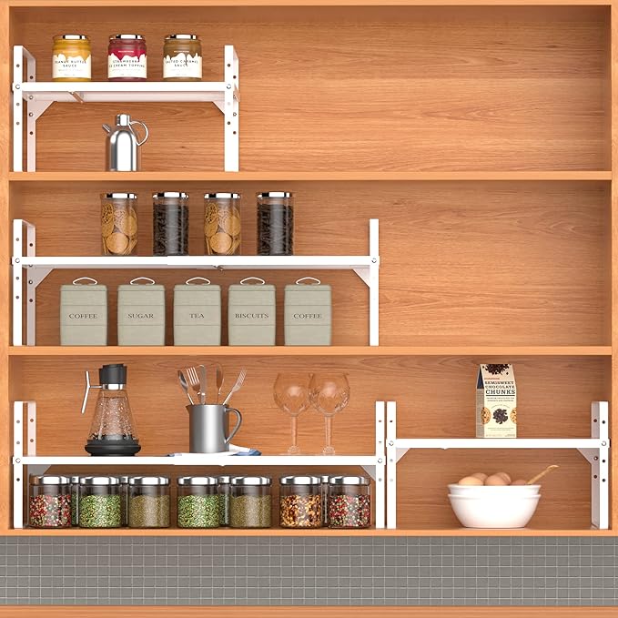 iPEGTOP Expandable Cabinet Storage Shelf Organizer Rack, Heavy Duty Cupboard Stand Spice Rack Adjustable Height Garage Pantry Shelf Space Riser for Counter Kitchen Organization, White, 2 Pack-Ruum Studio Home