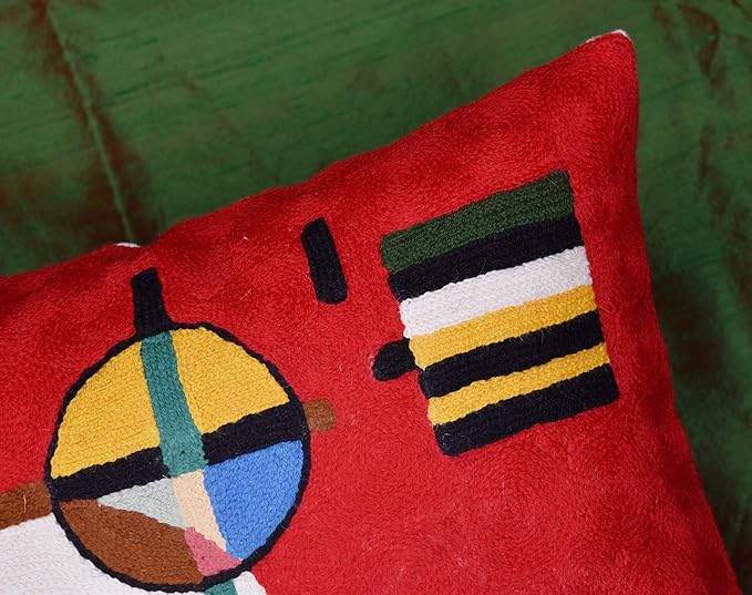 Modern Throw Pillow Cover - Kandinsky Inspired Abstract Pattern - Red - 18" x 18" - Hand Embroidered Wool - Living Room, Office, Bedroom, Outdoor-Ruum Studio Home