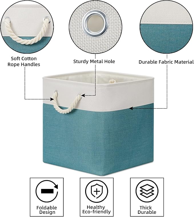 Bidtakay Fabric Baskets for Closets Shelves Lined Set of 3 Large Square Collapsible Storage Bins for Organizing 13 X 13 Cube Storage Bins for Pantry Organization Storage(Teal Blue)-Ruum Studio Home