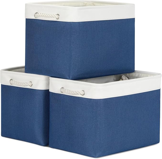 Bidtakay Large Storage Baskets for Shelves 3 Pack Fabric Storage Bins for Organizing Navy Blue Decorative Baskets Linen Collapsible Organizer for Closet-Ruum Studio Home