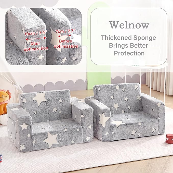 Welnow 2-in-1 Kids Sofa Chair, Glow in The Dark Convertible Toddler Chair Flip Out Children Sofa Folding Kids Play Sofa with Side Pockets & Removable Cover Armrest Chair for Girl or Boy-Ruum Studio Home
