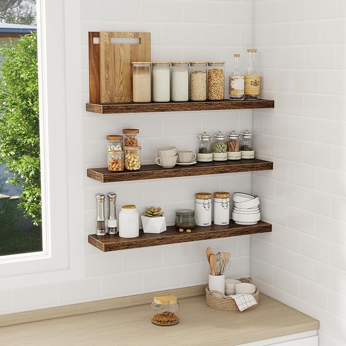 Fun Memories 32 Inch Floating Shelves Wall Shelf Set of 3, Rustic Farmhouse Home Decor Kitchen Living Room Shelves Wall Mounted, 32 x 6.7 x 1.4 Inch, Rustic Brown-Ruum Studio Home