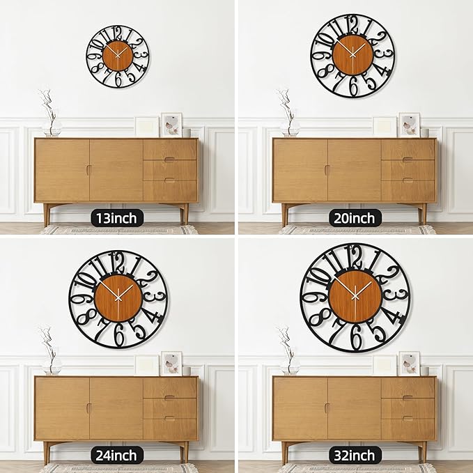 Maxstar Round Wall Clock for Living Room Decor Battery Operated Non Ticking Black Metal Wood Clocks for Home Living Room Garden Office Kitchen Decoration -20 inch