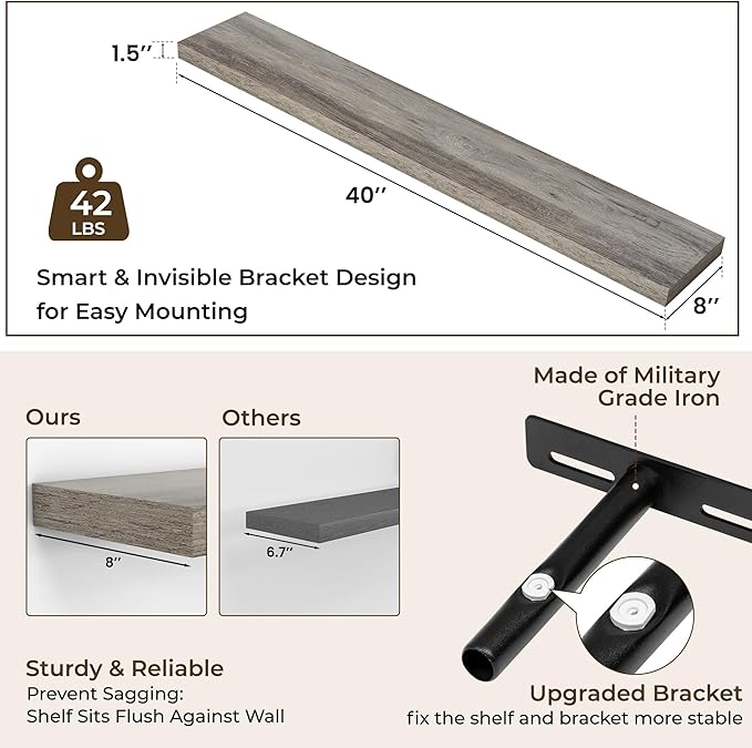 RICHFOCUS 40Inch Floating Shelves for Wall 2 Pack Shelves for Bedroom|Kitchen|Bathroom Wall Mounted Rustic Wood Floating Shelf with Invisible Brackets for Books|Storage|Decor, Grey-Ruum Studio Home