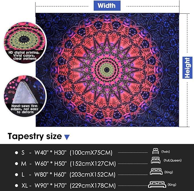 ADDWel Blacklight Mandala Boho Tapestry Glow In The Dark, Black Light Bohemian Hippie Poster Wall Hanging for Bedroom Aesthetic Wall and Room Decor (60" x 80", Mandala)-Ruum Studio Home