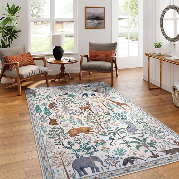 OJIA Jungle Print Washable Area Rugs 5x7, Soft Modern Rugs for Living Room Ultra-Thin Non-Shedding Bedroom Rug, Stain Resistant Neutral Area Rug Large Carpet for Dining Room Kids Nursery Playroom-Ruum Studio Home