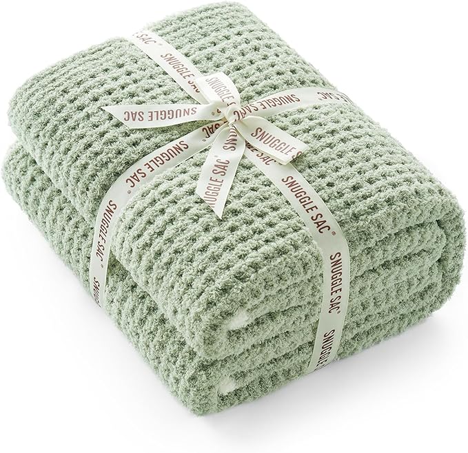 Snuggle Sac Ultra Soft Waffle Throw Blanket for Couch Bed Sofa 50x60 inches, Reversible Sage Green Blanket Microfiber Fluffy Fuzzy Cozy Knit Throws for Women Mothers Birthday Gifts-Ruum Studio Home