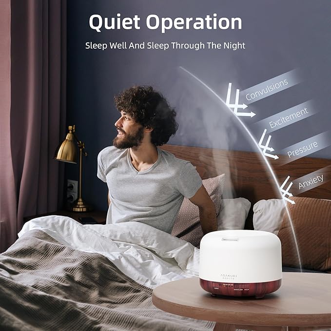 ASAKUKI 500ml Essential Oil Diffuser, Aromatherapy Fragrant Oil Humidifier Vaporizer, 7-Color Light and Auto-Off Safety Switch Reddish-Brown-Ruum Studio Home