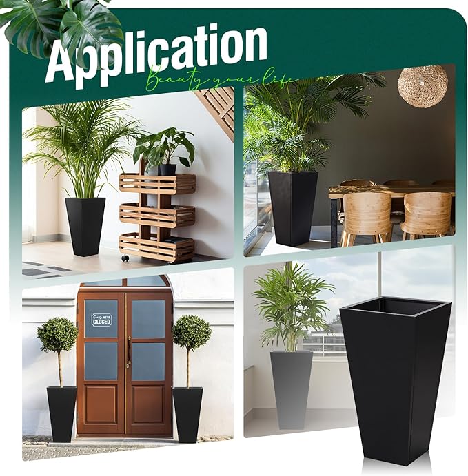 Tall Black Planter Tapered Metal Modern Flower Plant Pot Black Square Galvanized Steel Planter 30In Indoor Outdoor for Front Porch Garden Patio Grande Plant Tree Commercial Residential Heavy Duty-Ruum Studio Home