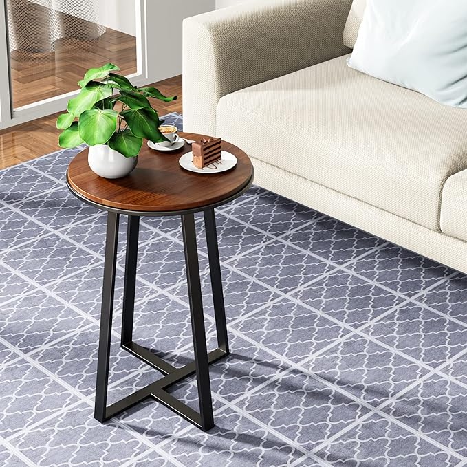 Round End Tables, Small Side Table Walnut Color MDF Top, Metal Frame Black, Tall End Table for Bed Room, Coffee Tea End Table for Living Room(Walnut+Black)-Ruum Studio Home