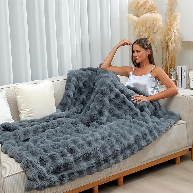 RYNGHIPY Faux Fur Throw Blanket Double Side Thick and Warm Plush Fluffy Faux Rabbit Fur Decoration for Couch Sofa Chair and Bed Cozy Winter Blanket (Dark Grey, 63''x79'')-Ruum Studio Home
