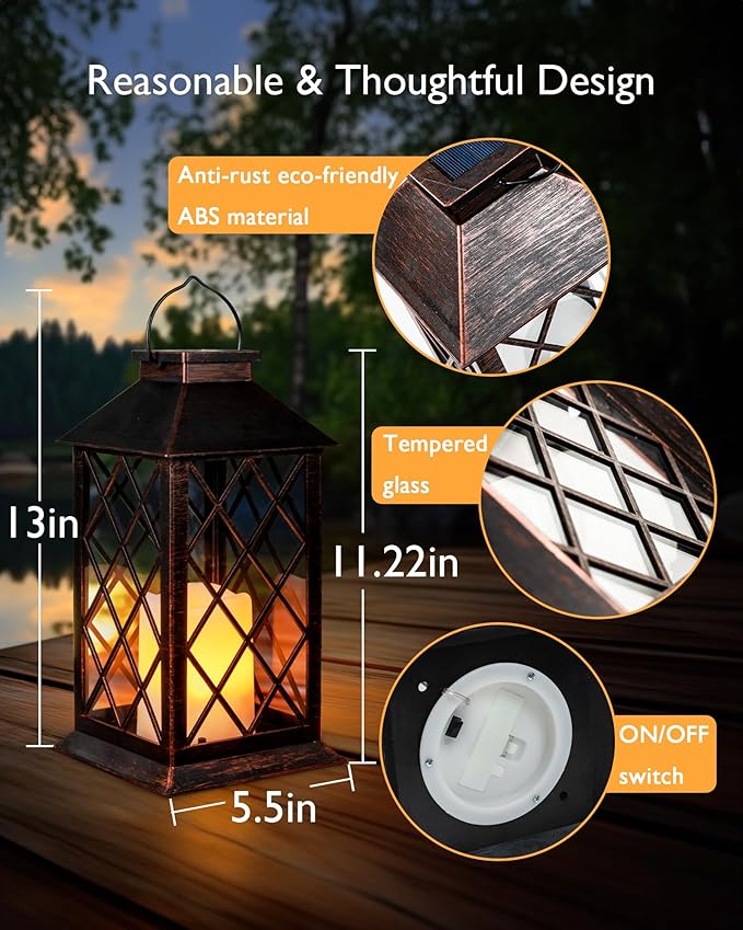 Homemory Solar Lanterns Outdoor Waterproof Hanging with Flickering Flameless Candles, 2 Pack 13'' Garden Outdoor Lantern Decorative for Patio Front Porch Backyard Balcony Cabin Outside(Antique Copper)-Ruum Studio Home