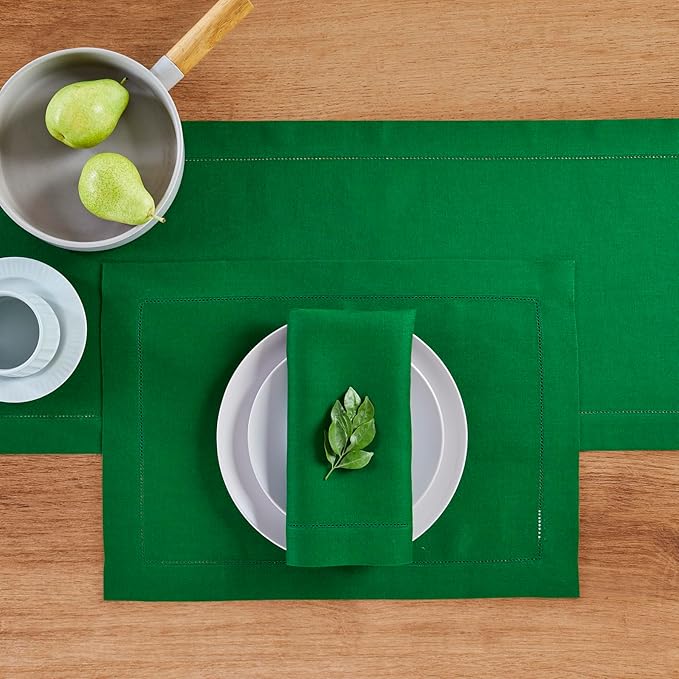 Solino Home Linen Garden Green Table Runner 108 Inches Long - 100% Pure Linen Hemstitch 14 x 108 Inch Table Runner for Dining - Classic Hemstitch-Ruum Studio Home