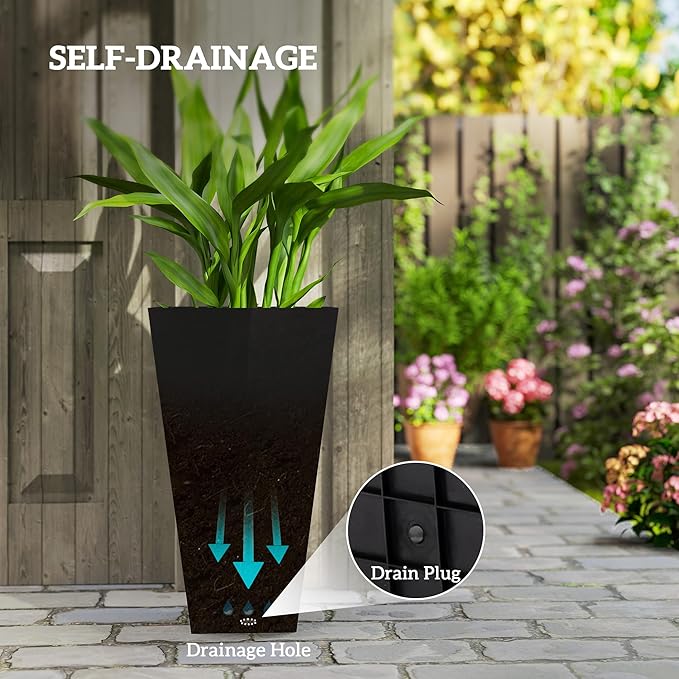 Outsunny Tall Planters for Outdoor Plants Set of 3, 28 in Taper Planters with Drainage Holes, Indoor Grande Plant Pots, Front Porch Decor (Black)-Ruum Studio Home