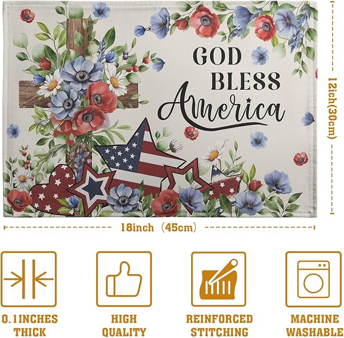 4th of July Placemats Set of 4 Patriotic Floral Cross Stars Independence Memorial Day Place Mats 12x18 Inch God Bless America Linen Fabric Table Mats for Party Kitchen Dining Decoration-Ruum Studio Home