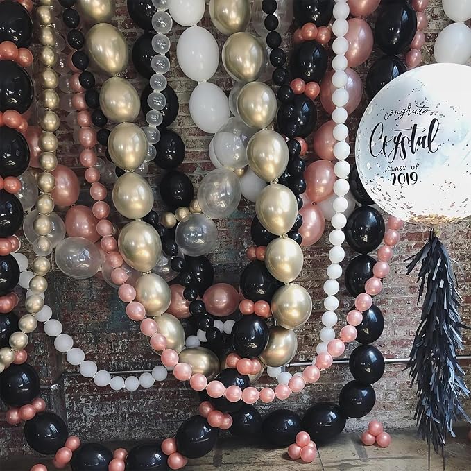 Black Linking Balloons, 120PCS Linked Balloon with Tail for Balloon Wall Arch and Chains, Quick Linkable Balloons for Wedding Birthday Baby Shower Engagement Graduation Party Decorations (6+10inch)-Ruum Studio Home