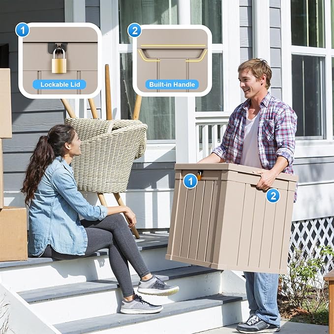 DRATO 50 Gallon Deck Box, Outdoor Storage Box for Patio Cushion, Sports Equipment, Garden Tools, Waterproof Patio Storage box, Lockable (Light Brown)-Ruum Studio Home