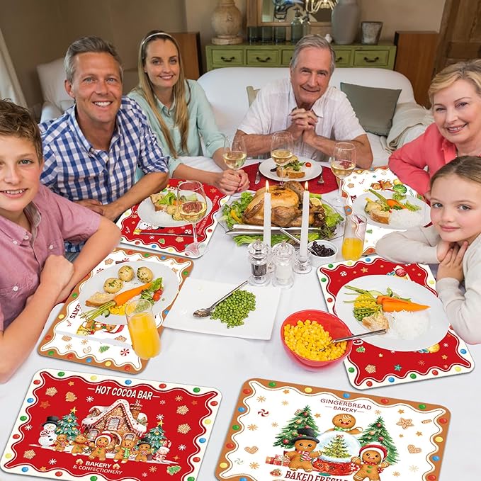 Christmas Placemats Set of 6 Christmas Retro Gingerbread Plastic Table Mats Xmas Bakery Gingerbread House Place Mats Winter Holiday Table Decoration for Indoor Outdoor Party Kitchen Dining-Ruum Studio Home