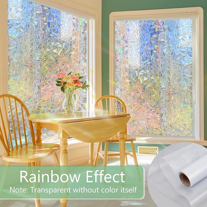 HIDBEA Window Privacy Film Static Clings, Rainbow Window Film, 3D Decals Non-Adhesive Window Vinyl Film for Home Door, 23.6 Inch x 13.1 Feet-Ruum Studio Home