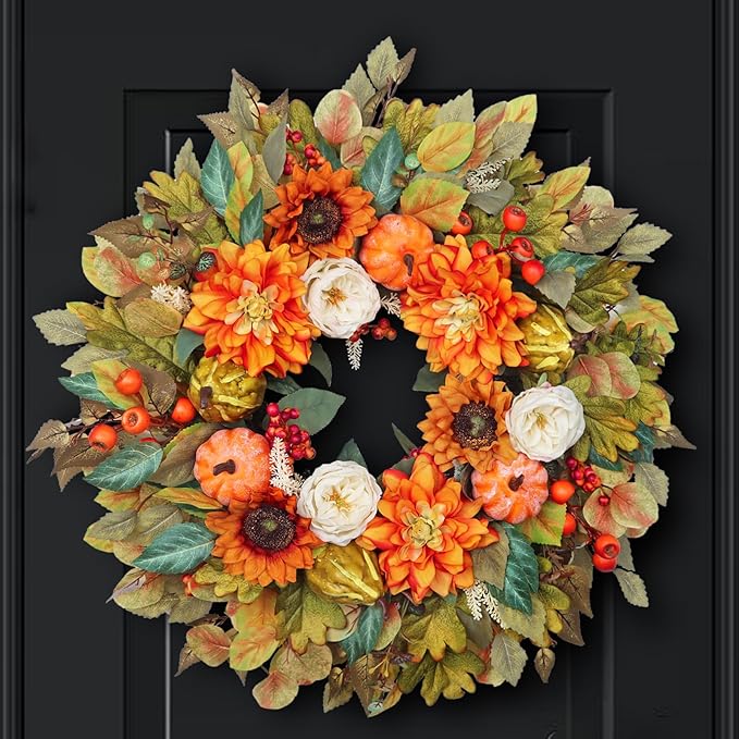Fall Wreath for Front Door, 24 Inch Autumn Wreath with Pumpkins, Peony, Sunflowers & Dahlias, Fall Decorations for Home, Artificial Flowers Harvest and Thanksgiving Indoor & Outdoor-Ruum Studio Home