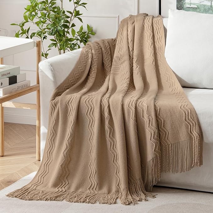 MIULEE Tan Taupe Knitted Throw Blanket for Couch Boho Textured Cozy Woven Blanket with Tassels for Sofa Chair Bed Living Room Farmhouse Home Decor Acrylic Wave Pattern 50"x60"-Ruum Studio Home