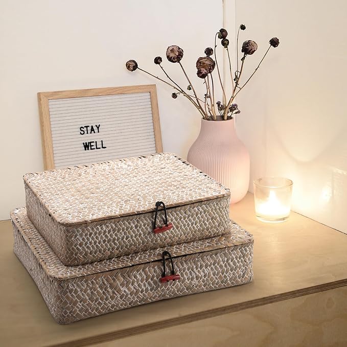 Whitewash Seagrass Basket with Lid Rectangular Decorative Storage Boxes for Shelf Organize Snack Toys Set of 2 (Large+Small)-Ruum Studio Home