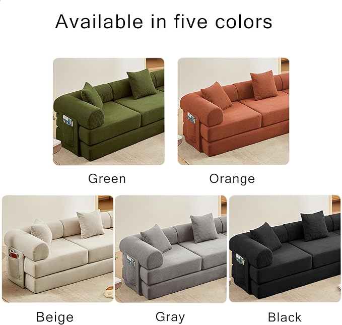 107" Oversized Convertible Sleeper Sofa Bed, Corduroy L Shape Sectional Couch, Folding Sofa Bed with Side Pocket, Modern Cloud Floor Mattress Couch, Modular Sofa for Living Room, Orange-Ruum Studio Home