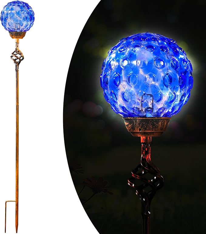 Garden Solar Lights, Decorative LED Honeycomb Glass Ball Garden Stake, Glass and Metal Outdoor Decoration, 4 x 31 Inch (Dark Blue)-Ruum Studio Home